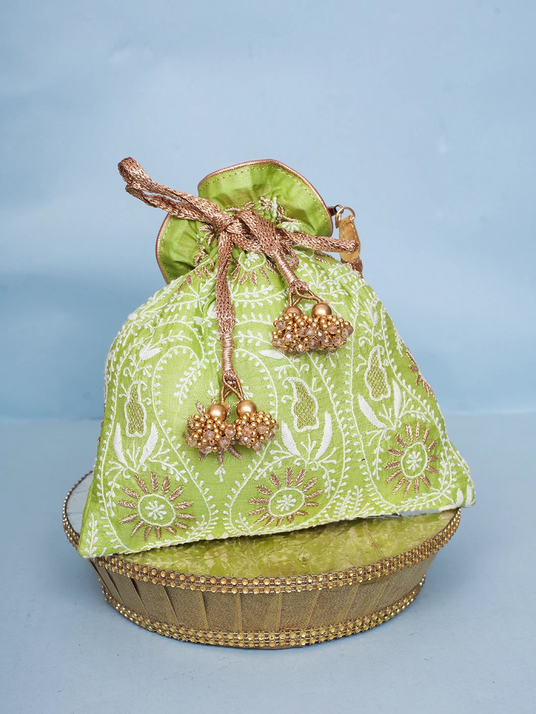 Ada Hand Embroidered Lime Green Silk Lucknowi Chikankari Potli Bag With Zari Work 01A578166