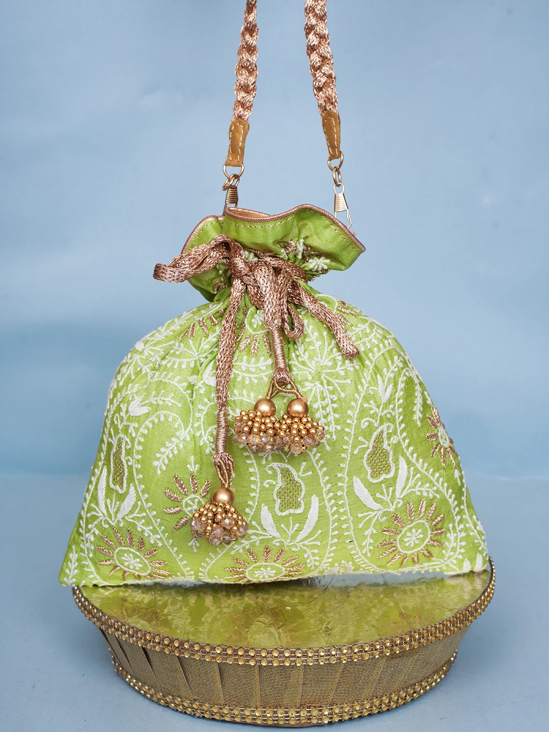 Ada Hand Embroidered Lime Green Silk Lucknowi Chikankari Potli Bag With Zari Work 01A578166