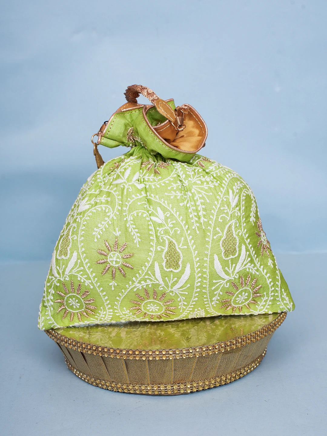 Ada Hand Embroidered Lime Green Silk Lucknowi Chikankari Potli Bag With Zari Work 01A578166