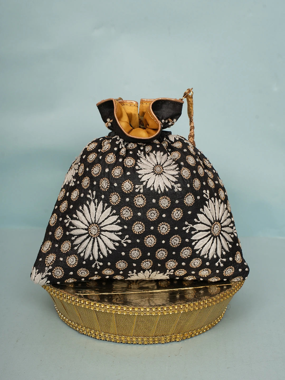 Ada Hand Embroidered Black Silk Lucknowi Chikankari Potli Bag With Zari Work 01A578160
