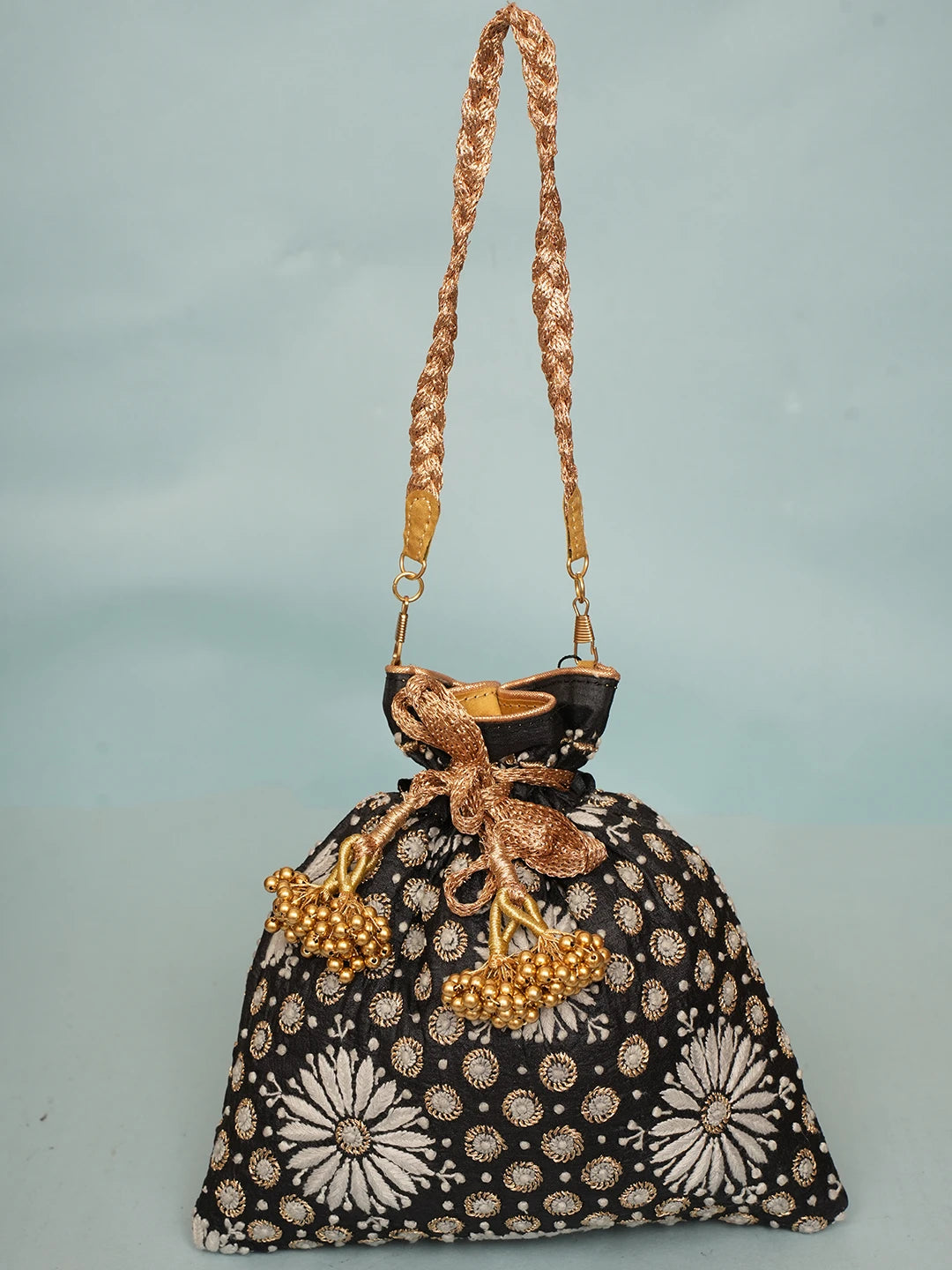Ada Hand Embroidered Black Silk Lucknowi Chikankari Potli Bag With Zari Work 01A578160