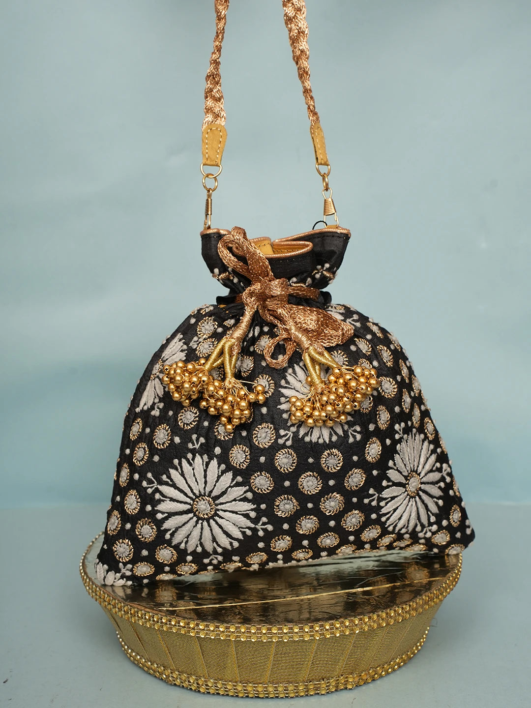 Ada Hand Embroidered Black Silk Lucknowi Chikankari Potli Bag With Zari Work 01A578160