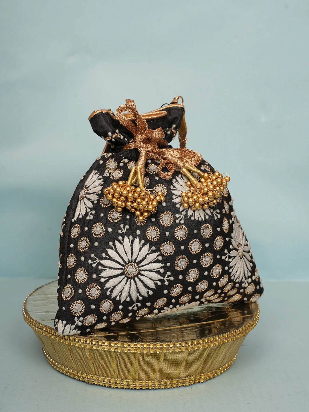 Ada Hand Embroidered Black Silk Lucknowi Chikankari Potli Bag With Zari Work 01A578160