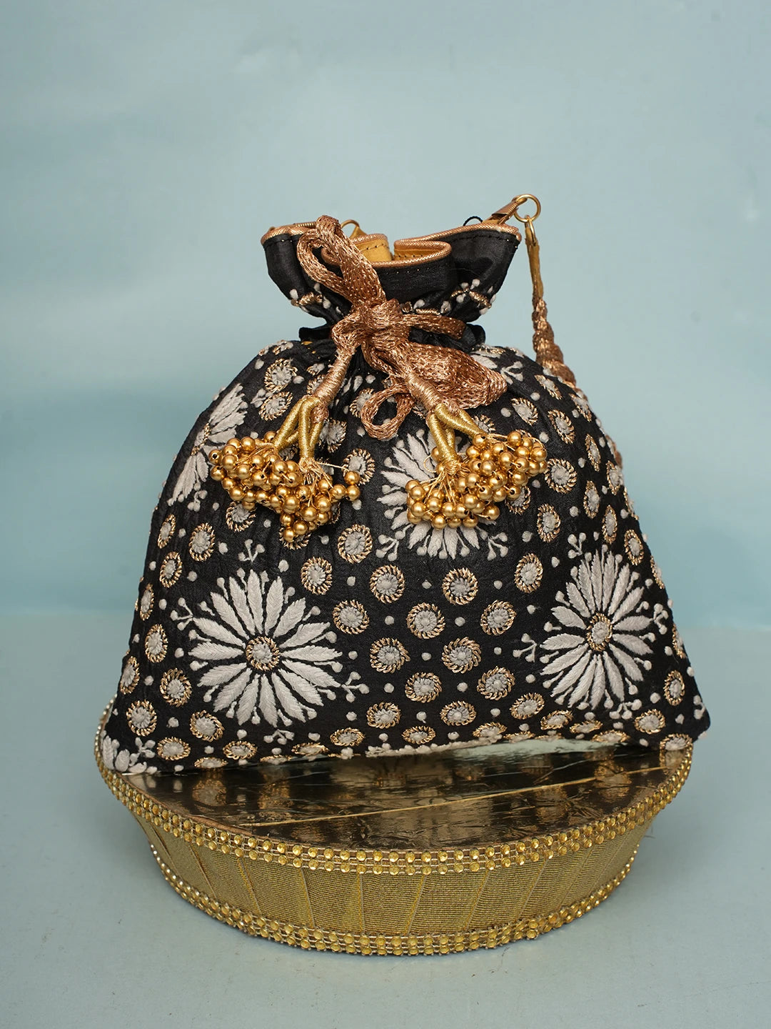 Ada Hand Embroidered Black Silk Lucknowi Chikankari Potli Bag With Zari Work 01A578160