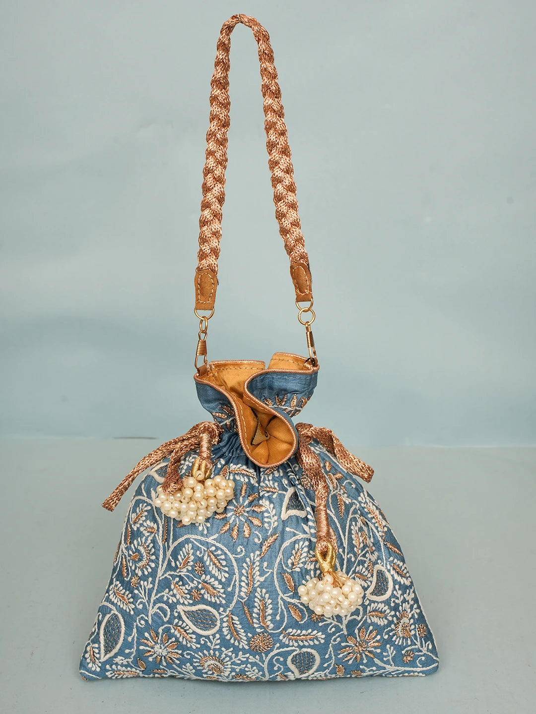 Ada Hand Embroidered Blue Silk Lucknowi Chikankari Potli Bag With Zari Work 01A578163