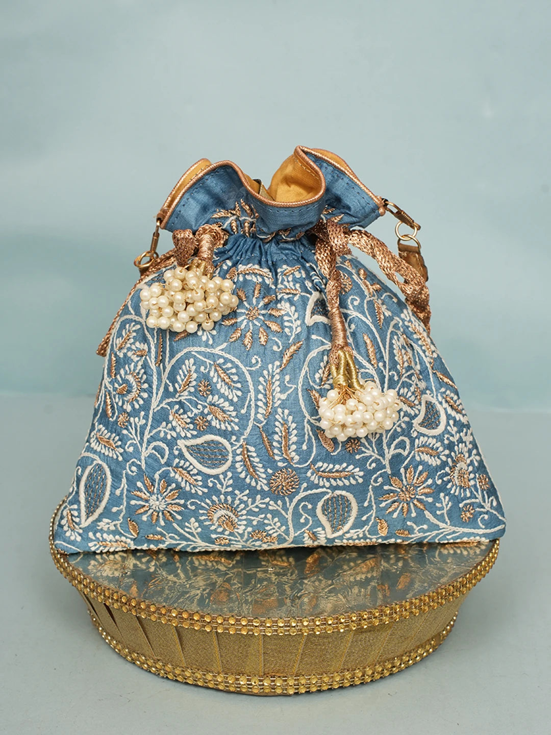 Ada Hand Embroidered Blue Silk Lucknowi Chikankari Potli Bag With Zari Work 01A578163