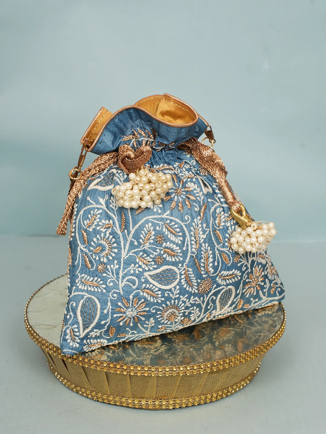 Ada Hand Embroidered Blue Silk Lucknowi Chikankari Potli Bag With Zari Work 01A578163