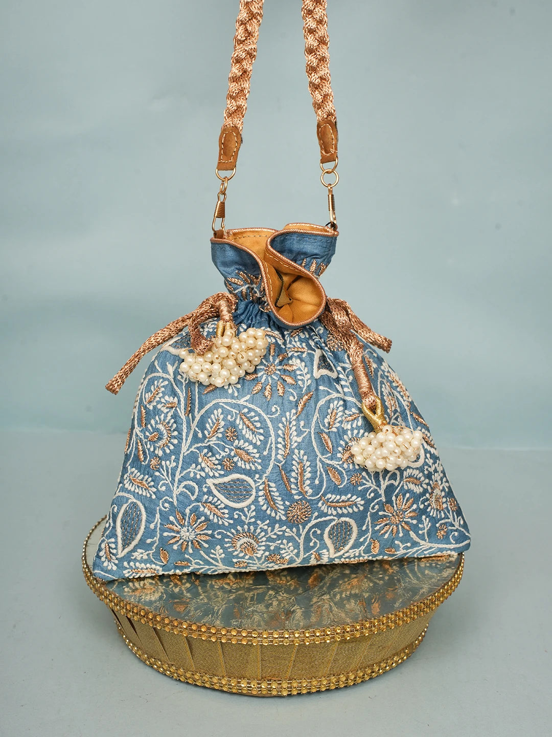 Ada Hand Embroidered Blue Silk Lucknowi Chikankari Potli Bag With Zari Work 01A578163