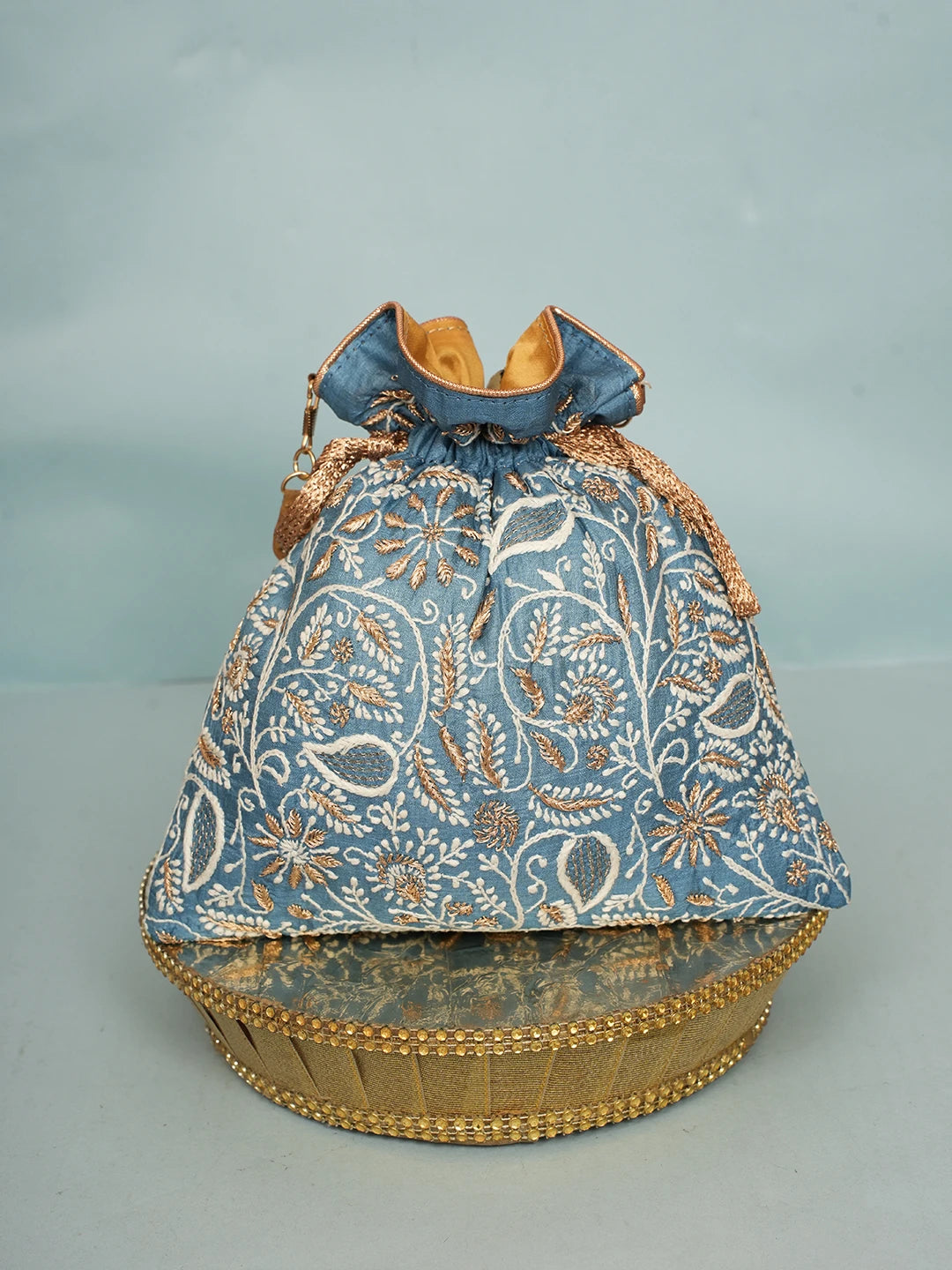 Ada Hand Embroidered Blue Silk Lucknowi Chikankari Potli Bag With Zari Work 01A578163