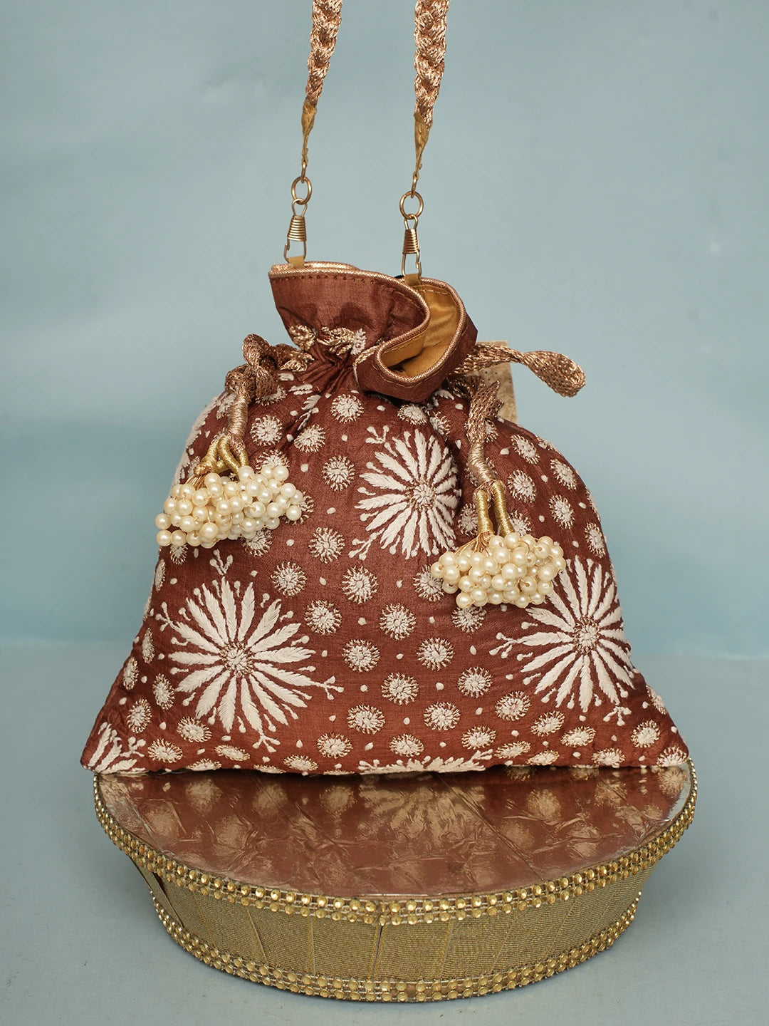 Ada Hand Embroidered Brown Silk Lucknowi Chikankari Potli Bag With Zari Work 01A578153