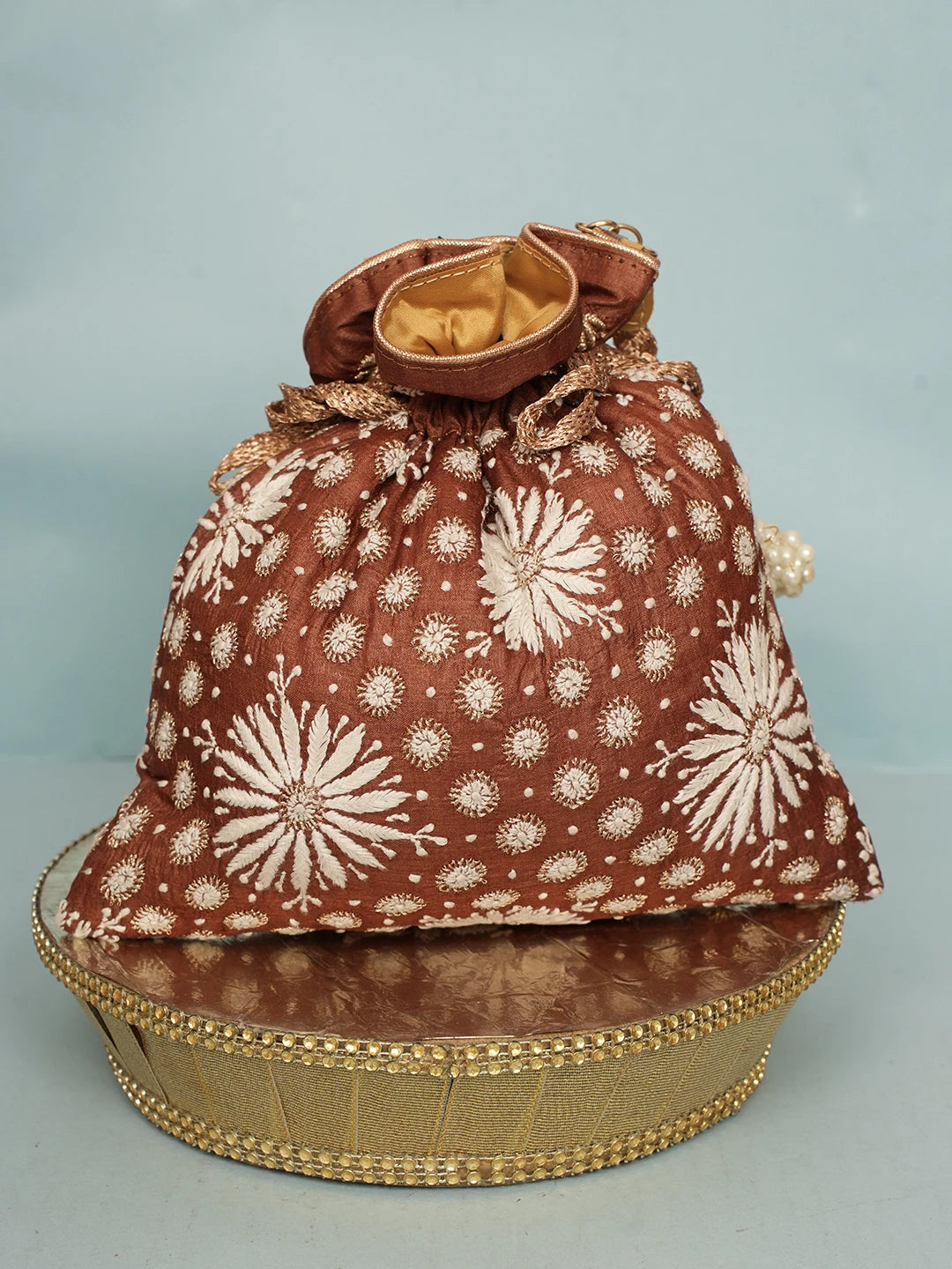 Ada Hand Embroidered Brown Silk Lucknowi Chikankari Potli Bag With Zari Work 01A578153