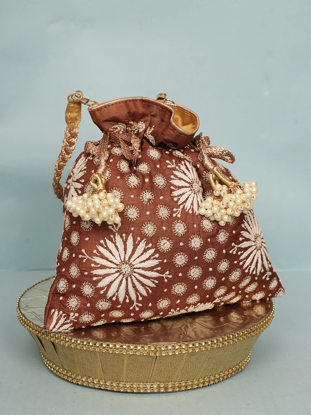Ada Hand Embroidered Brown Silk Lucknowi Chikankari Potli Bag With Zari Work 01A578153