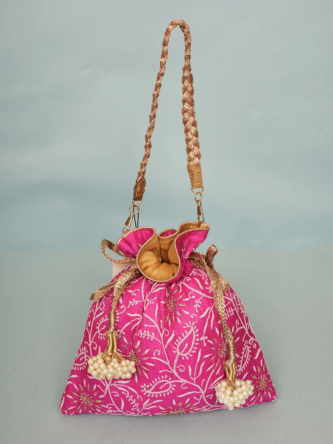 Ada Hand Embroidered Magenta Silk Lucknowi Chikankari Potli Bag With Zari Work 01A578159