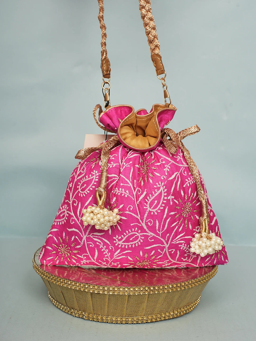 Ada Hand Embroidered Magenta Silk Lucknowi Chikankari Potli Bag With Zari Work 01A578159