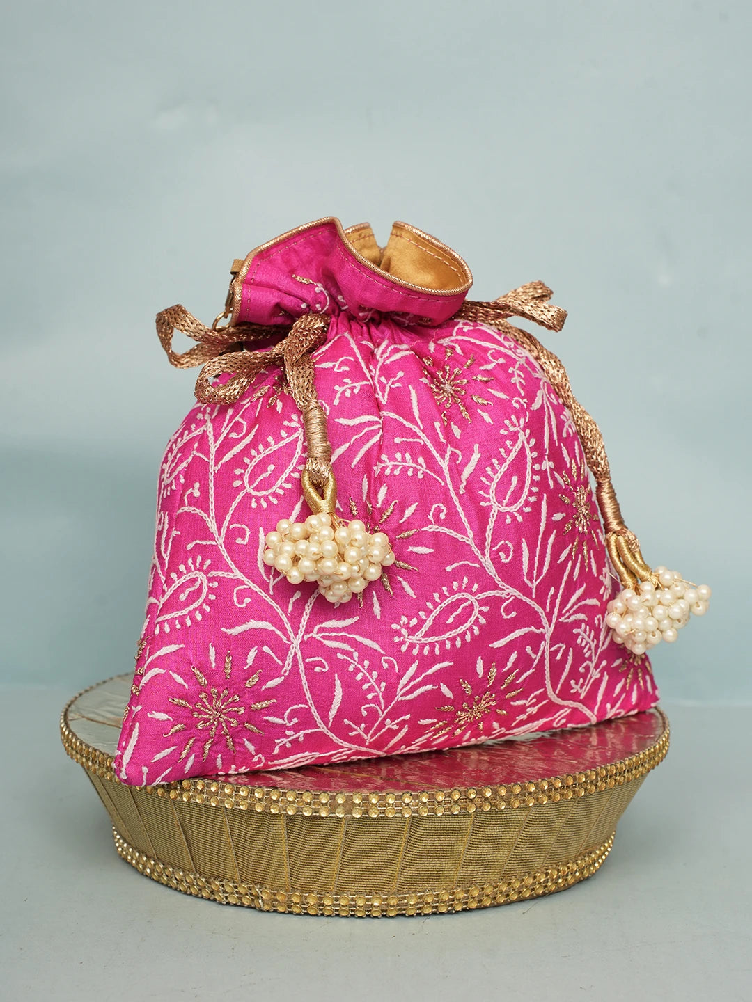 Ada Hand Embroidered Magenta Silk Lucknowi Chikankari Potli Bag With Zari Work 01A578159
