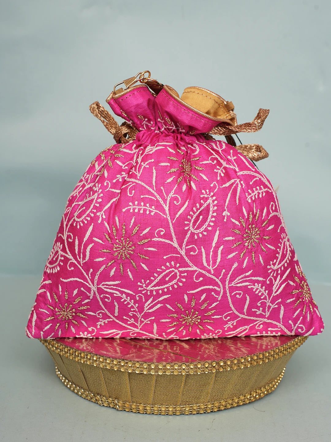 Ada Hand Embroidered Magenta Silk Lucknowi Chikankari Potli Bag With Zari Work 01A578159