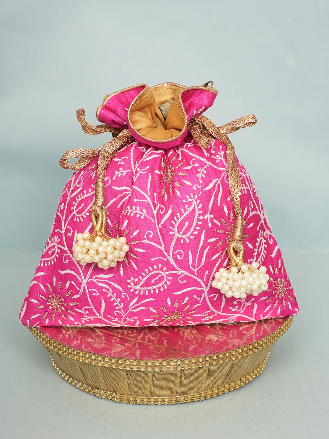 Ada Hand Embroidered Magenta Silk Lucknowi Chikankari Potli Bag With Zari Work 01A578159