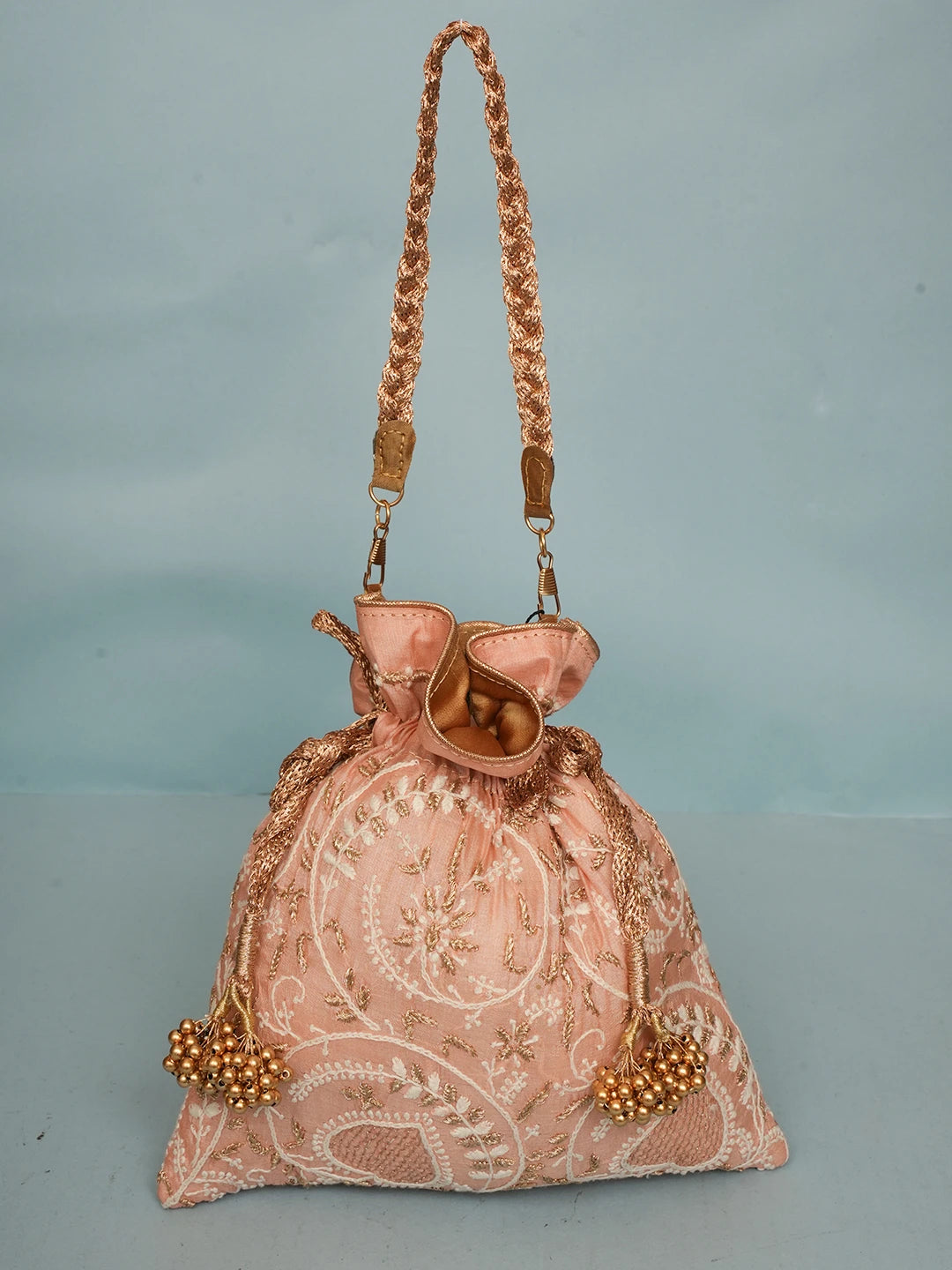 Ada Hand Embroidered Peach Silk Lucknowi Chikankari Potli Bag With Zari Work 01A578165