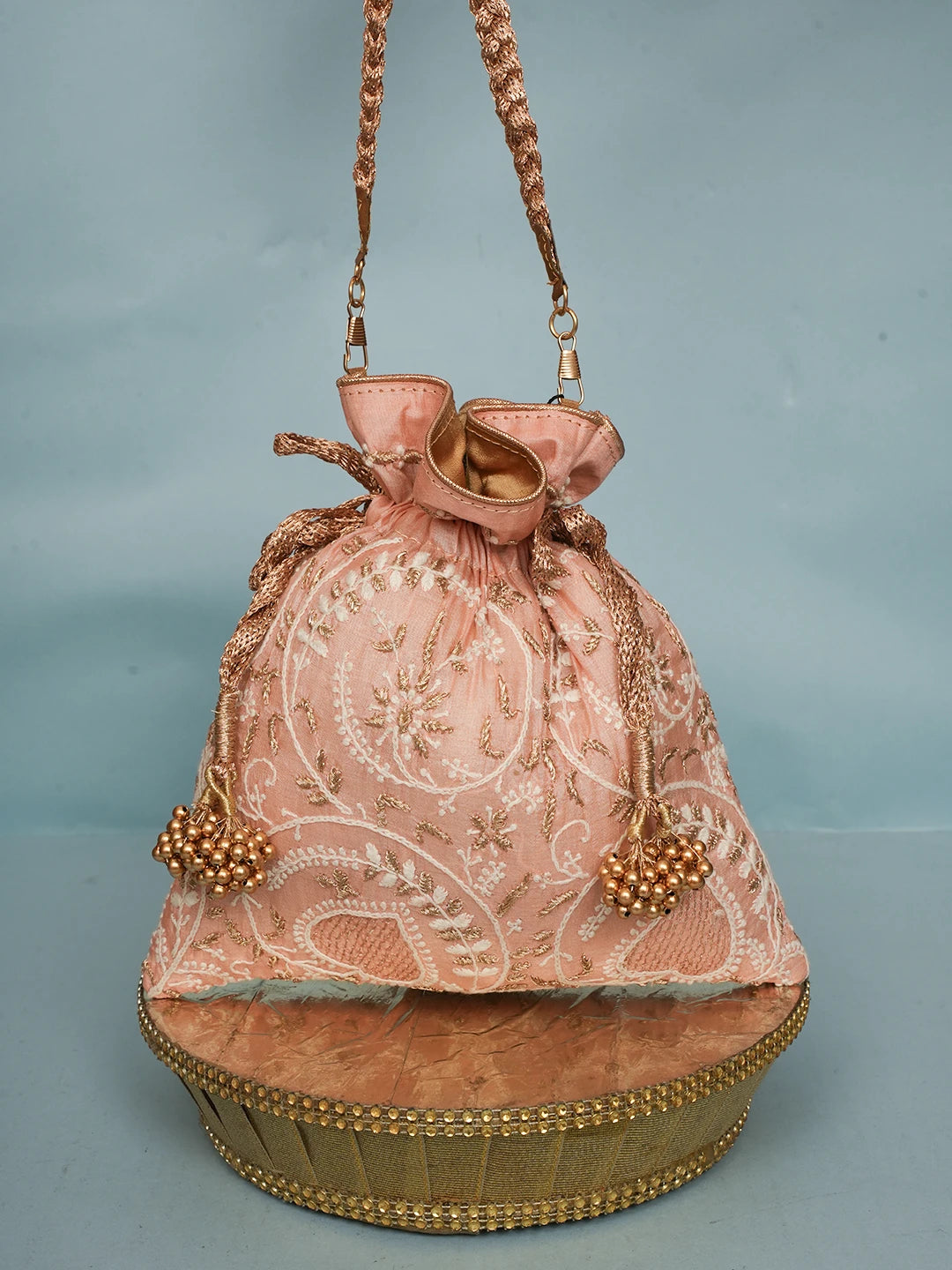 Ada Hand Embroidered Peach Silk Lucknowi Chikankari Potli Bag With Zari Work 01A578165