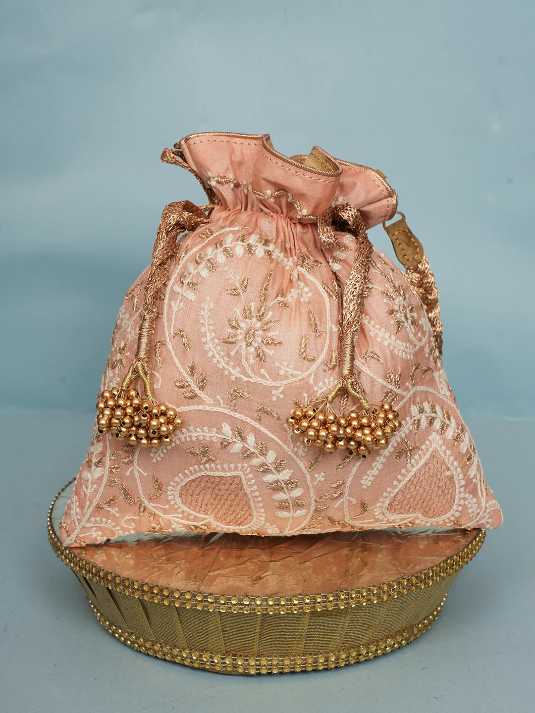 Ada Hand Embroidered Peach Silk Lucknowi Chikankari Potli Bag With Zari Work 01A578165