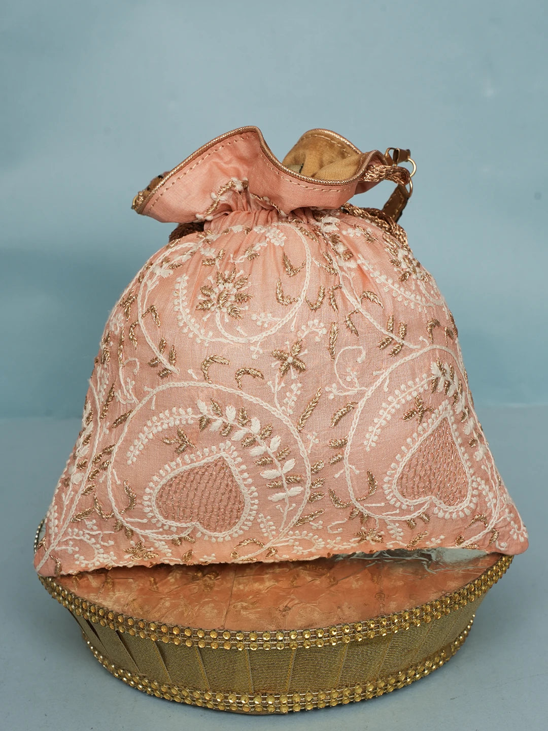 Ada Hand Embroidered Peach Silk Lucknowi Chikankari Potli Bag With Zari Work 01A578165