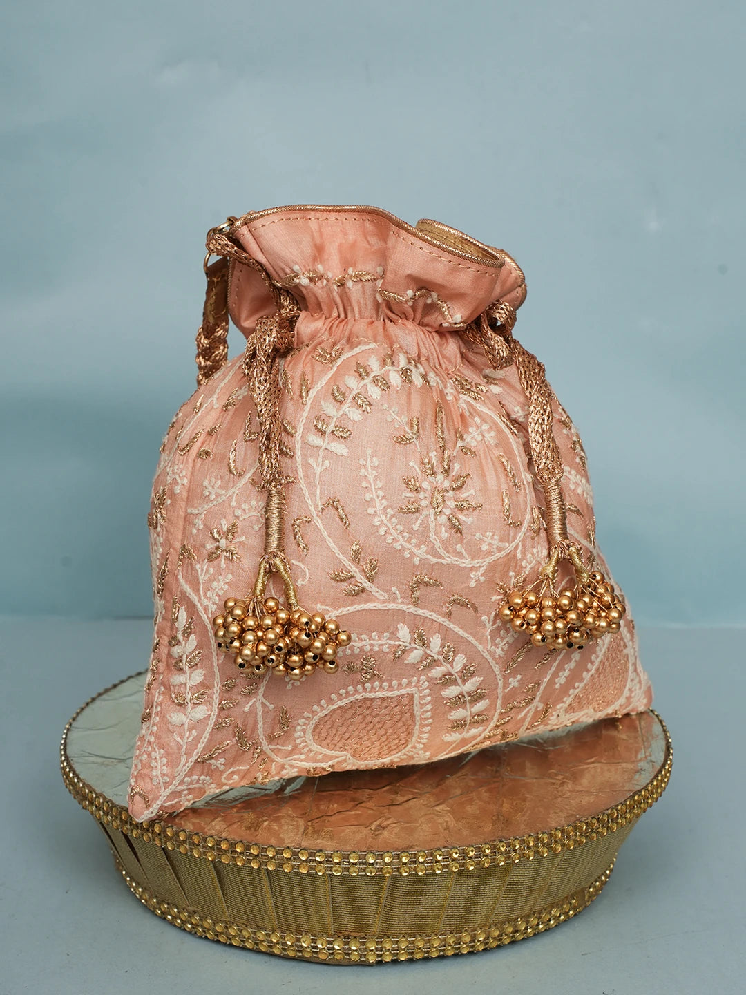 Ada Hand Embroidered Peach Silk Lucknowi Chikankari Potli Bag With Zari Work 01A578165