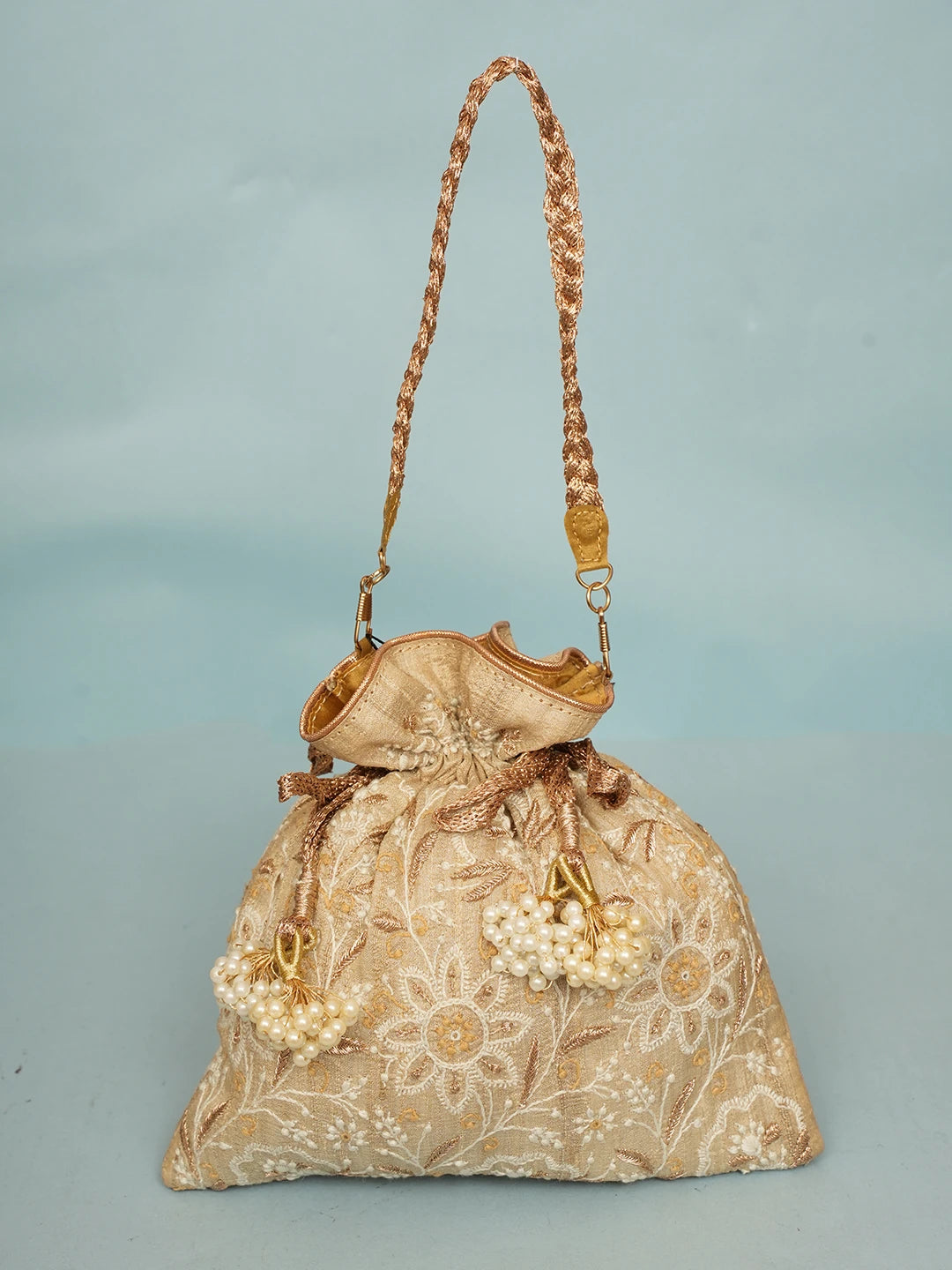 Ada Hand Embroidered Fawn Silk Lucknowi Chikankari Potli Bag With Zari Work 01A578145