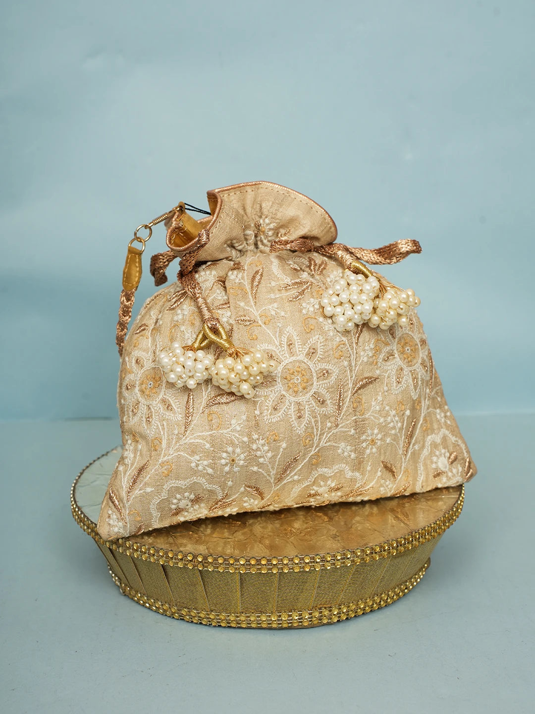 Ada Hand Embroidered Fawn Silk Lucknowi Chikankari Potli Bag With Zari Work 01A578145