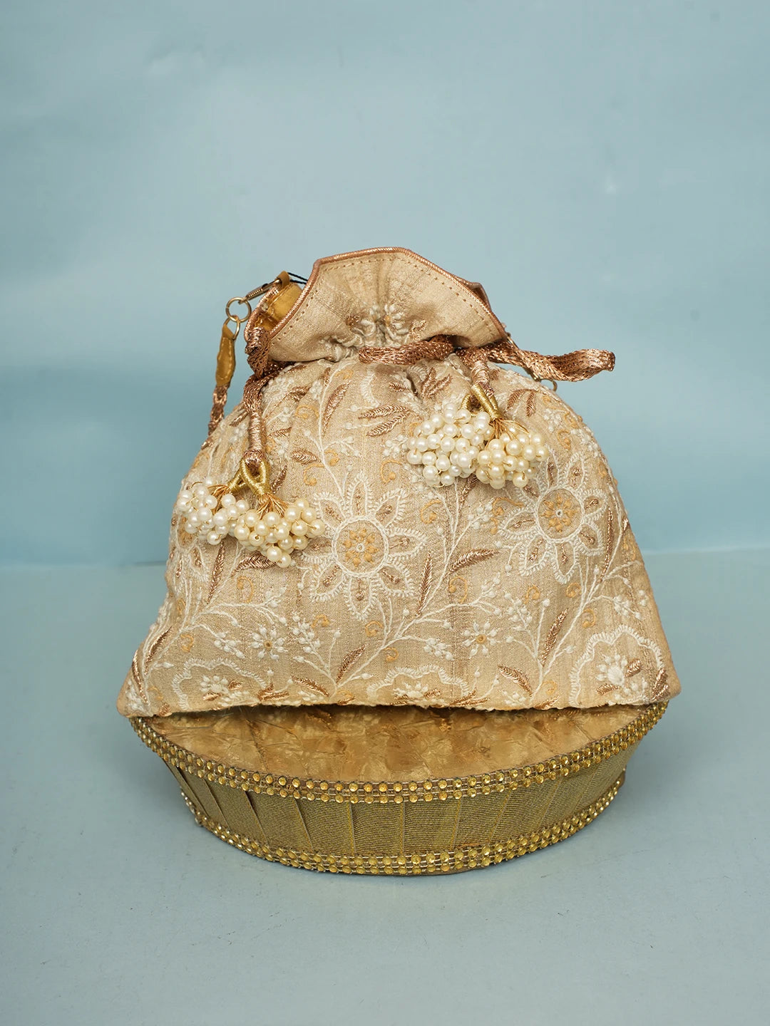 Ada Hand Embroidered Fawn Silk Lucknowi Chikankari Potli Bag With Zari Work 01A578145