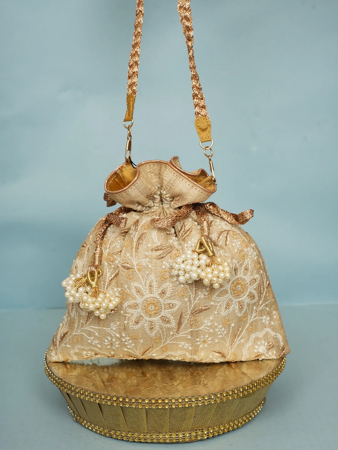 Ada Hand Embroidered Fawn Silk Lucknowi Chikankari Potli Bag With Zari Work 01A578145