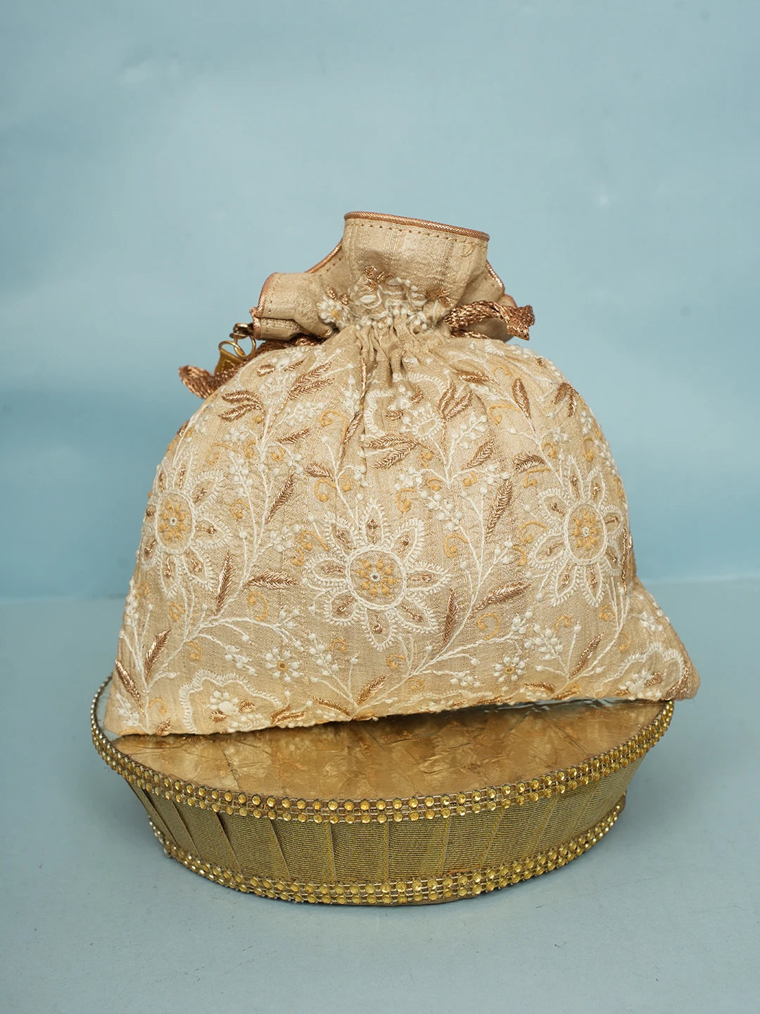 Ada Hand Embroidered Fawn Silk Lucknowi Chikankari Potli Bag With Zari Work 01A578145