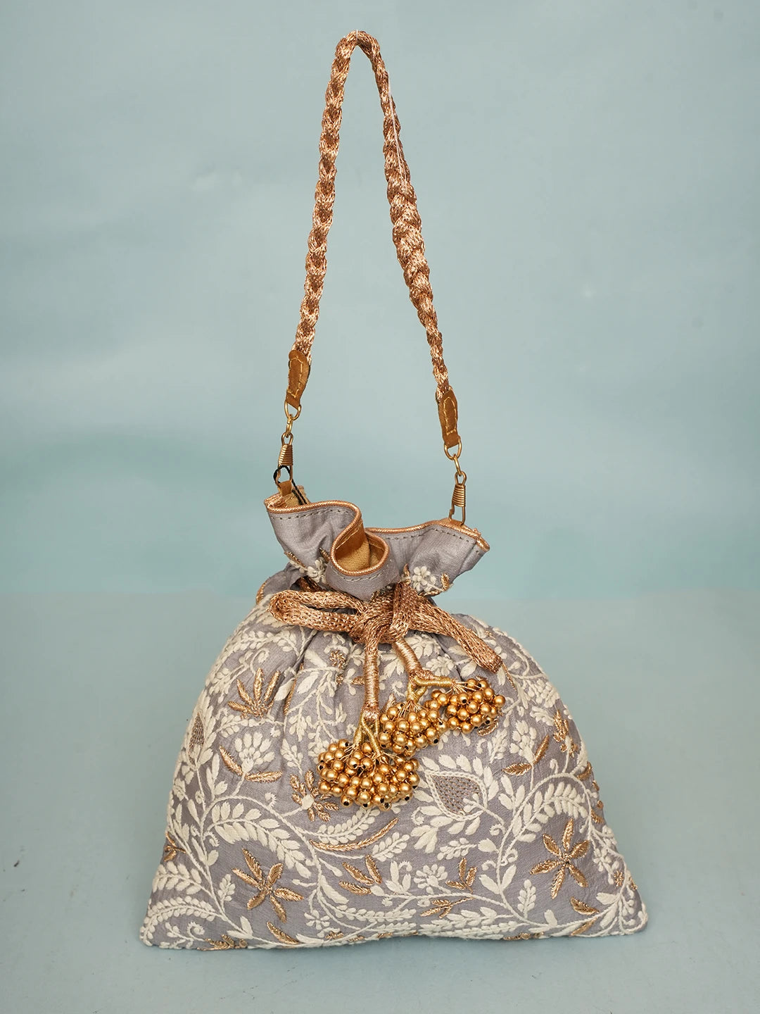 Ada Hand Embroidered Grey Silk Lucknowi Chikankari Potli Bag With Zari Work 01A578167