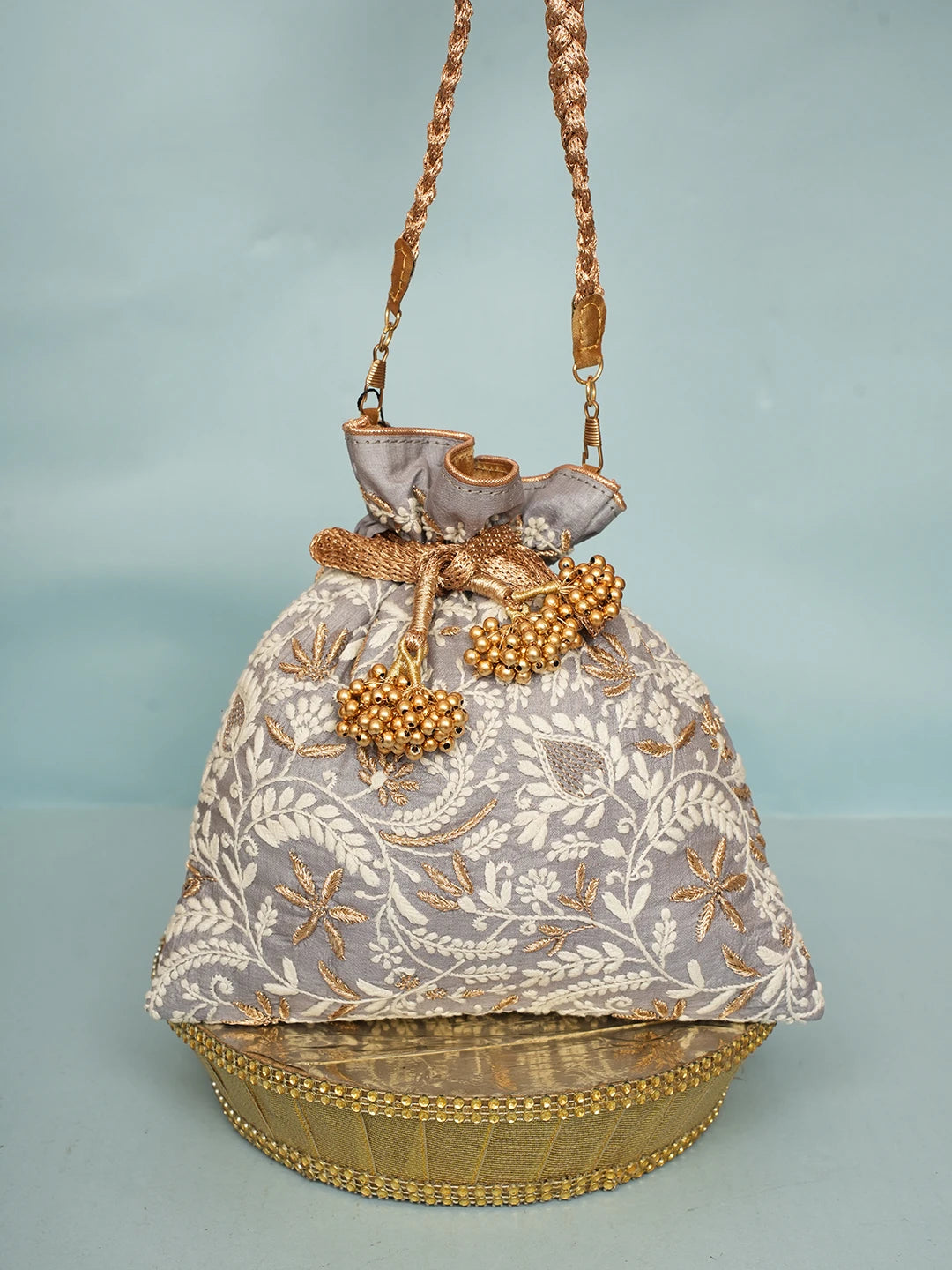 Ada Hand Embroidered Grey Silk Lucknowi Chikankari Potli Bag With Zari Work 01A578167