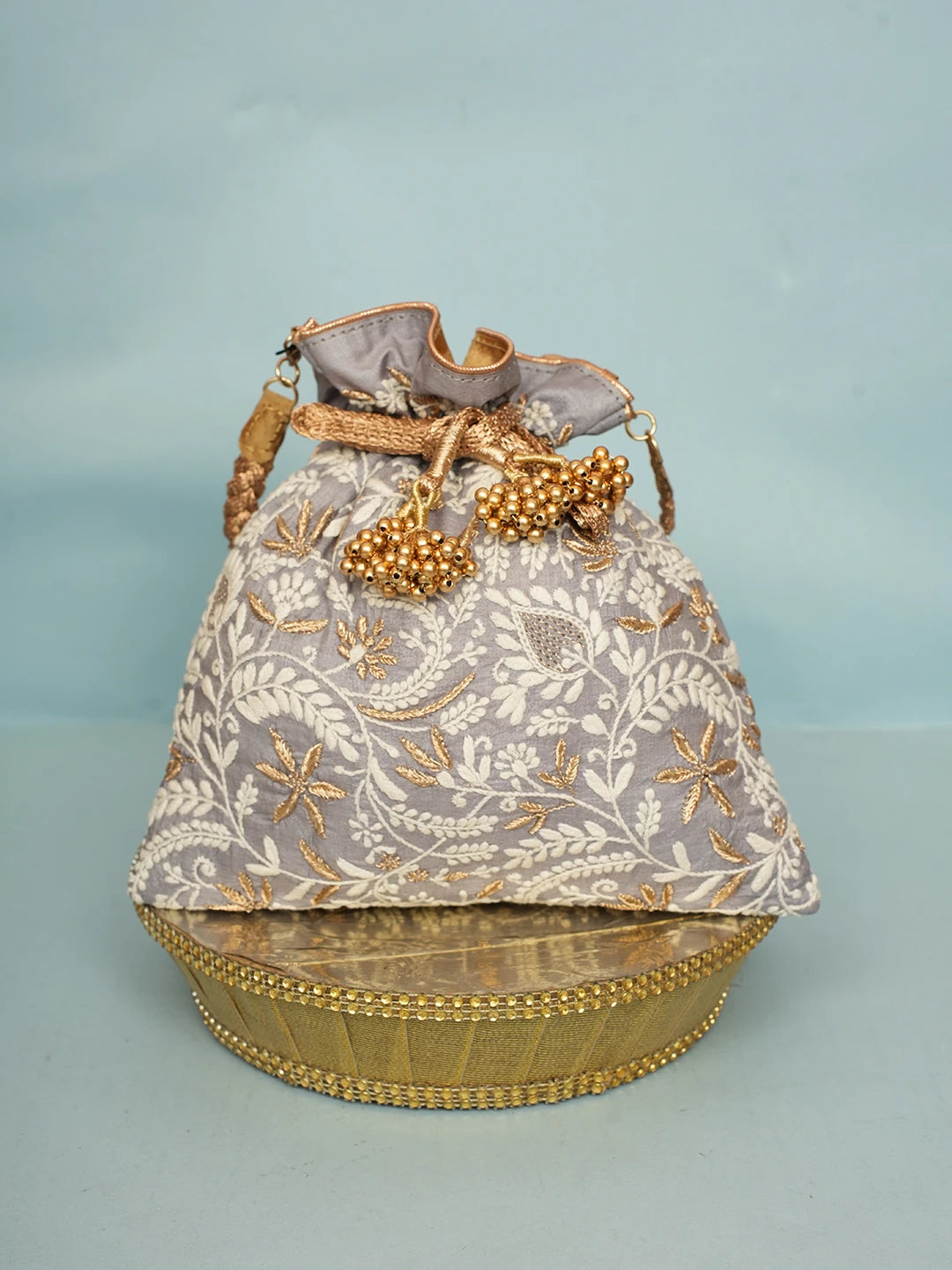 Ada Hand Embroidered Grey Silk Lucknowi Chikankari Potli Bag With Zari Work 01A578167