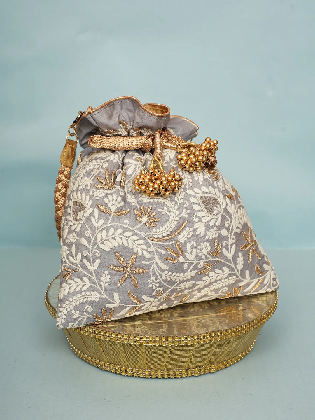 Ada Hand Embroidered Grey Silk Lucknowi Chikankari Potli Bag With Zari Work 01A578167