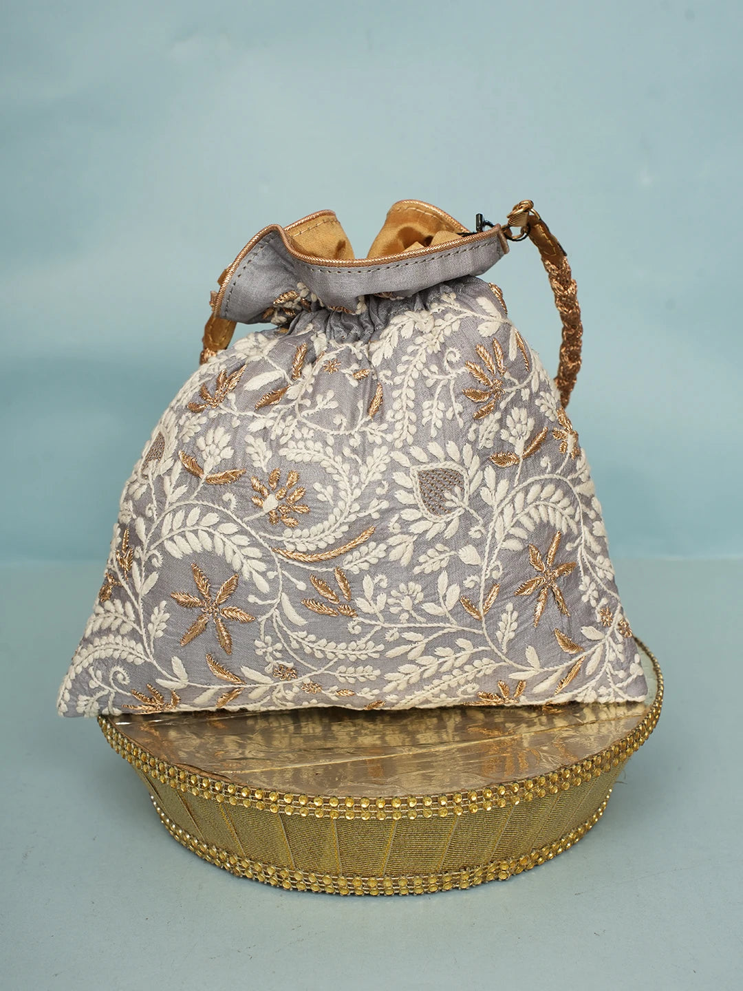Ada Hand Embroidered Grey Silk Lucknowi Chikankari Potli Bag With Zari Work 01A578167