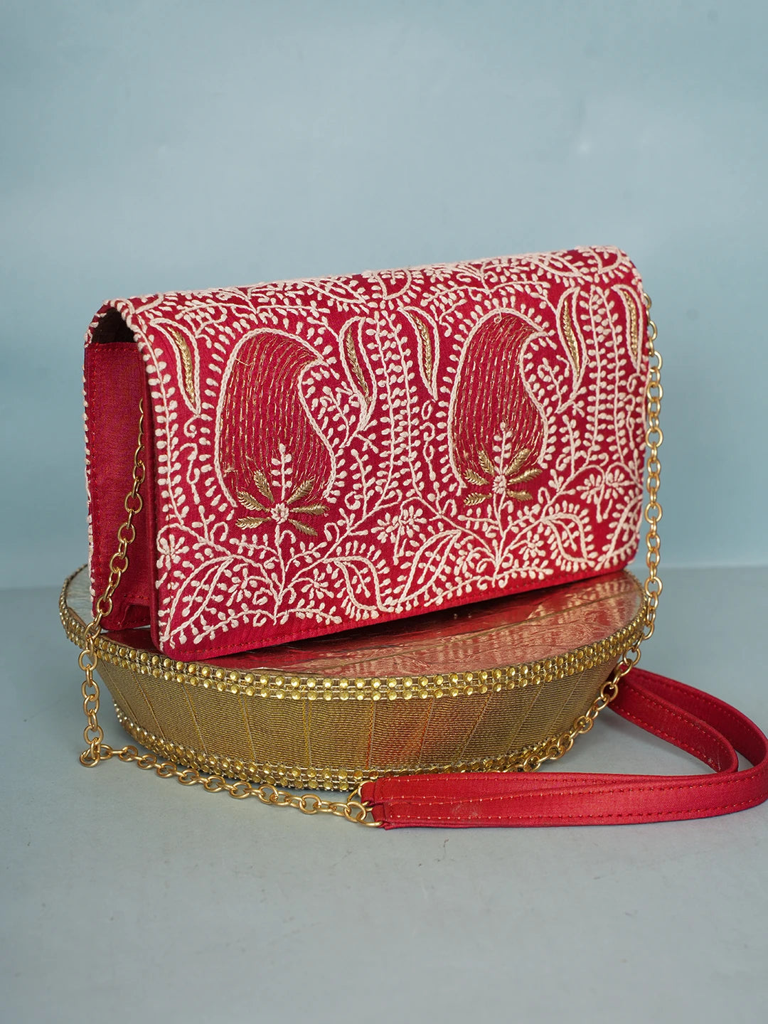 Ada Hand Embroidered Red Silk Lucknowi Chikankari Clutch With Zari Work 01A578301