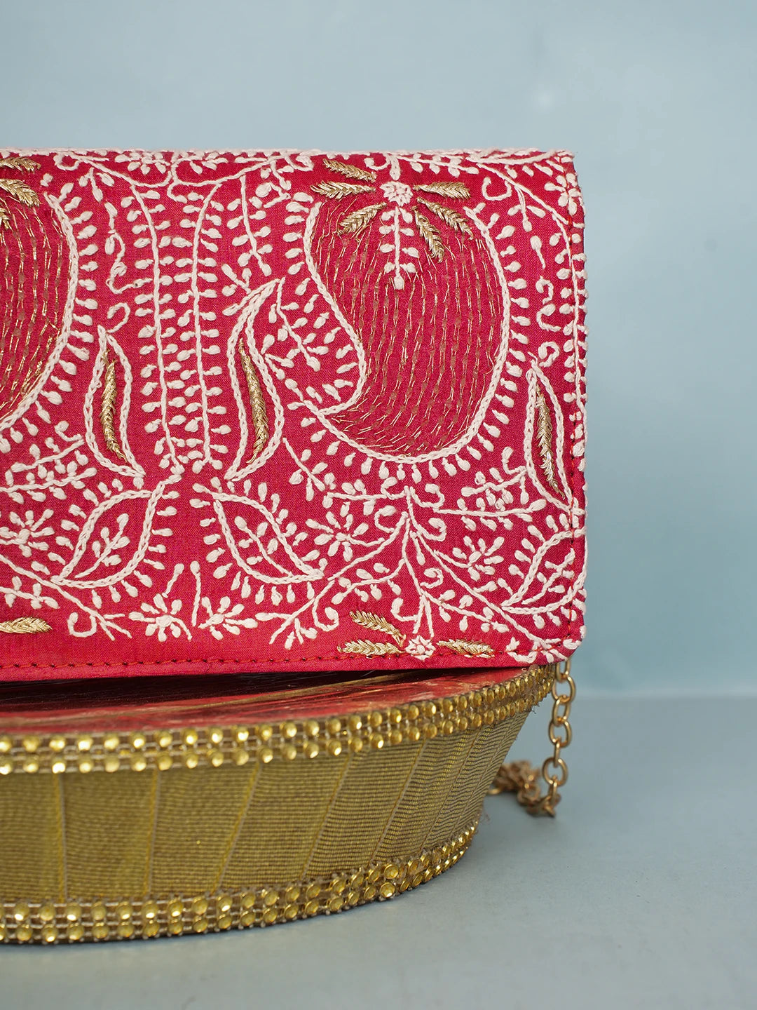 Ada Hand Embroidered Red Silk Lucknowi Chikankari Clutch With Zari Work 01A578301