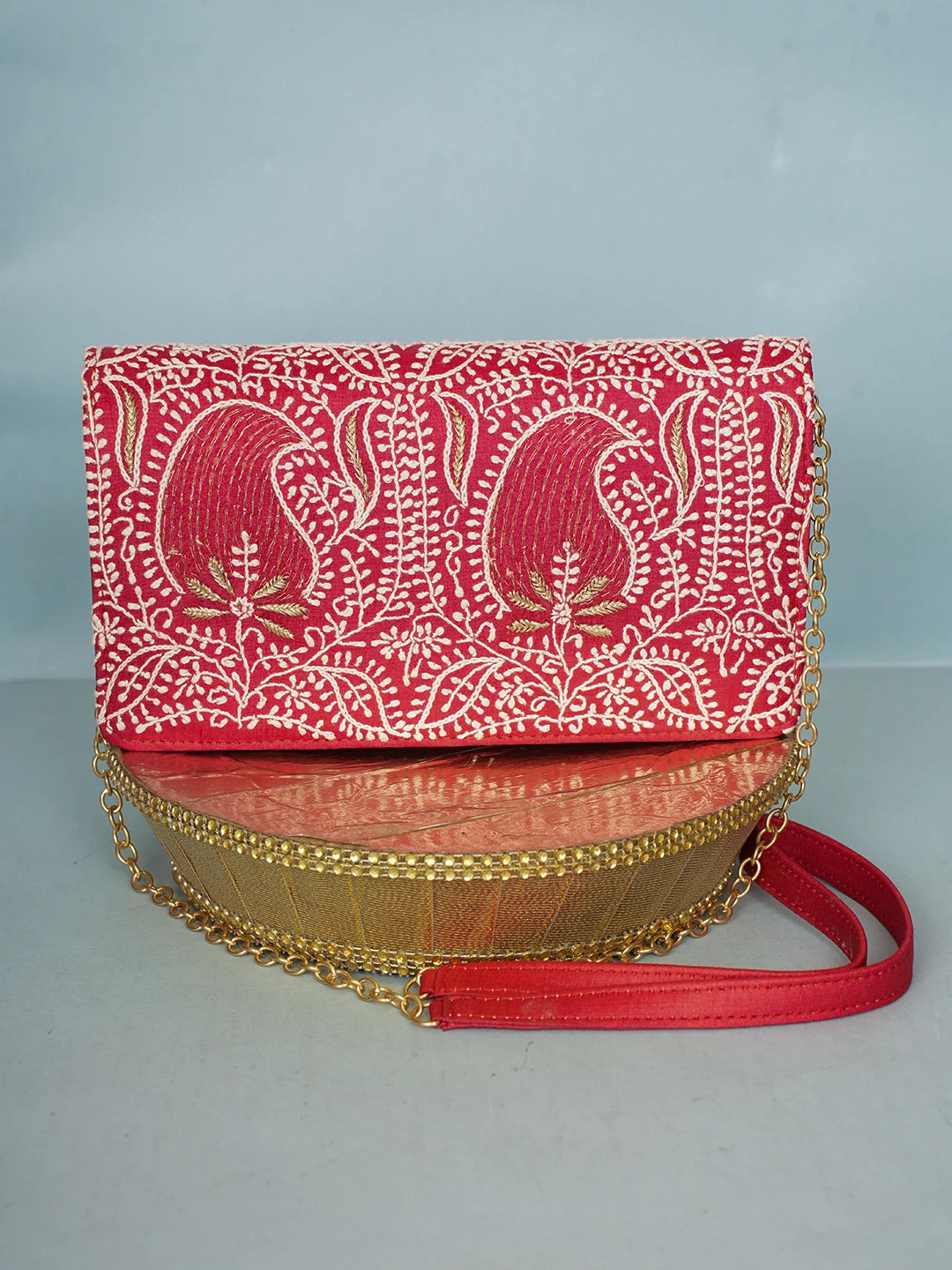 Ada Hand Embroidered Red Silk Lucknowi Chikankari Clutch With Zari Work 01A578301