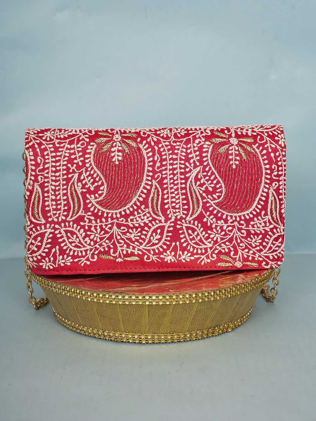 Ada Hand Embroidered Red Silk Lucknowi Chikankari Clutch With Zari Work 01A578301