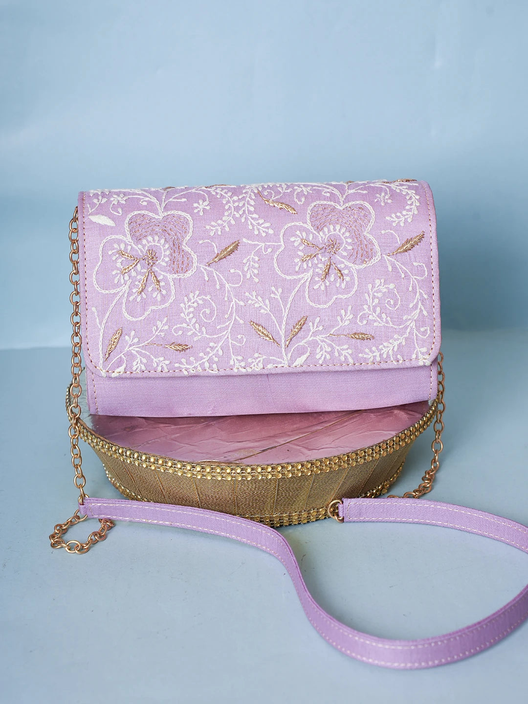 Ada Hand Embroidered Lavender Silk Lucknowi Chikankari Clutch With Zari Work 01A578269