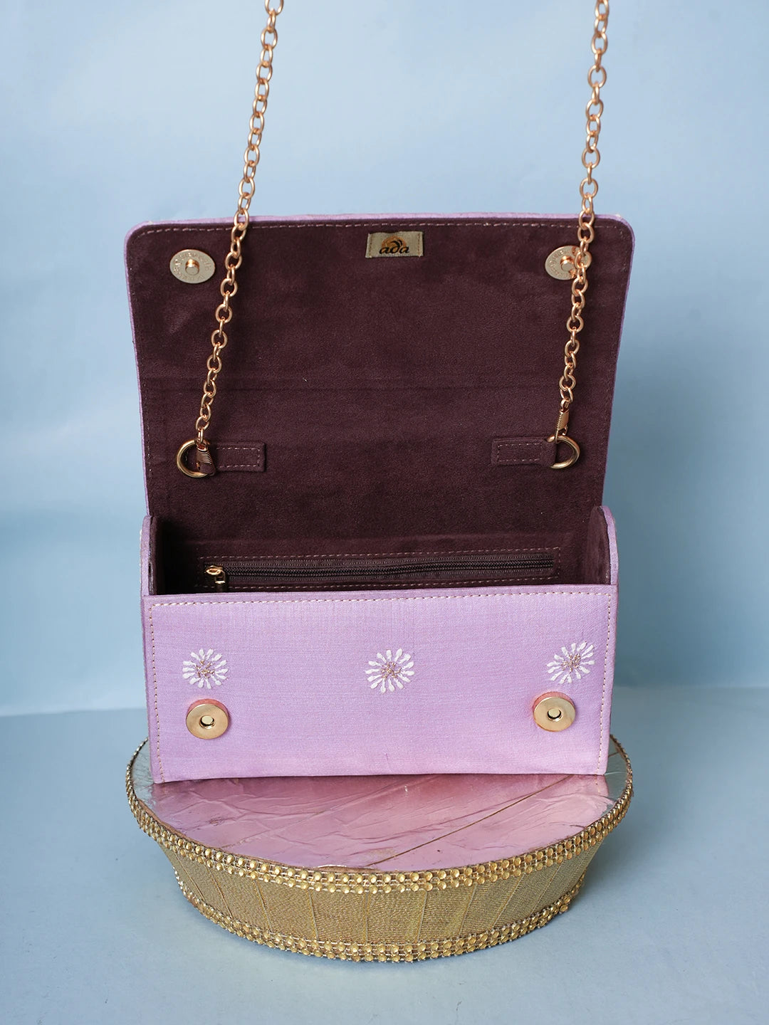 Ada Hand Embroidered Lavender Silk Lucknowi Chikankari Clutch With Zari Work 01A578269