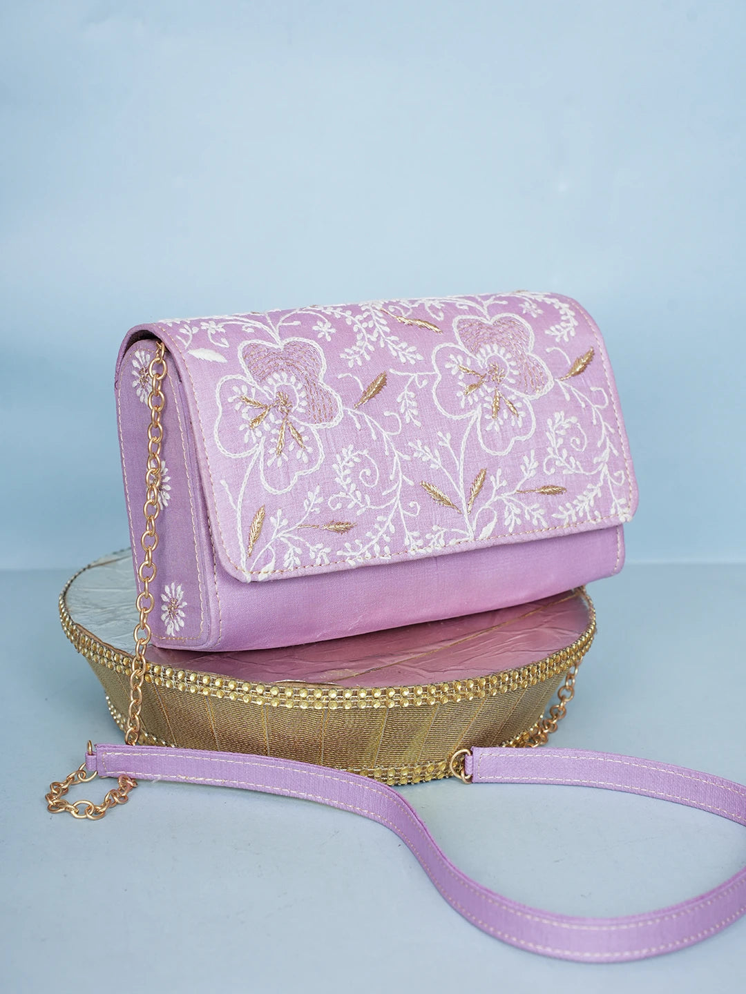 Ada Hand Embroidered Lavender Silk Lucknowi Chikankari Clutch With Zari Work 01A578269