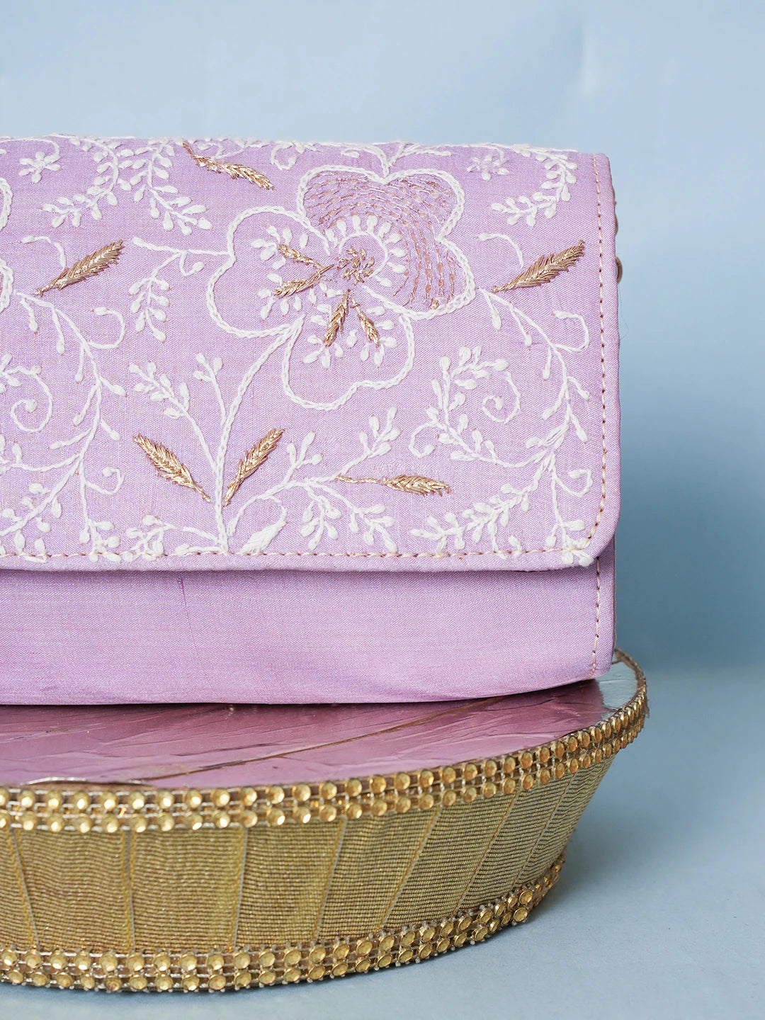 Ada Hand Embroidered Lavender Silk Lucknowi Chikankari Clutch With Zari Work 01A578269