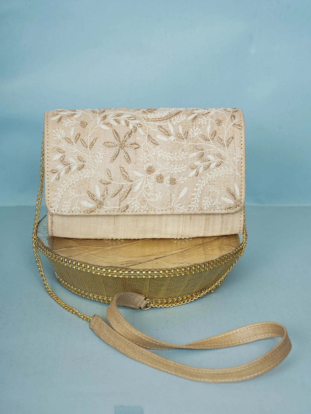 Ada Hand Embroidered Fawn Silk Lucknowi Chikankari Clutch With Zari Work 01A578256
