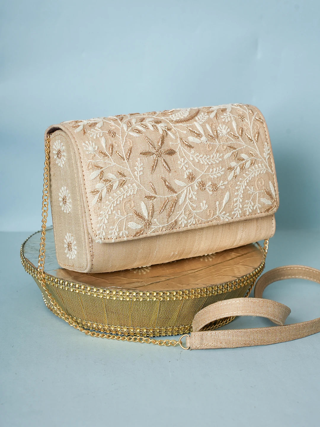 Ada Hand Embroidered Fawn Silk Lucknowi Chikankari Clutch With Zari Work 01A578256