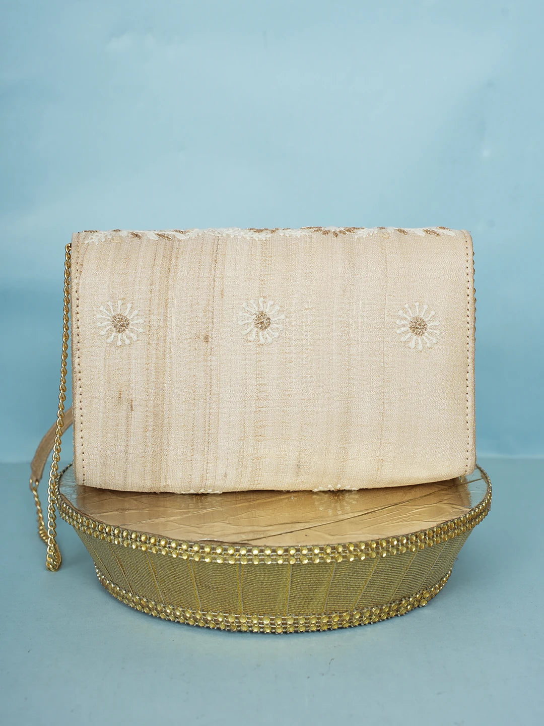 Ada Hand Embroidered Fawn Silk Lucknowi Chikankari Clutch With Zari Work 01A578256