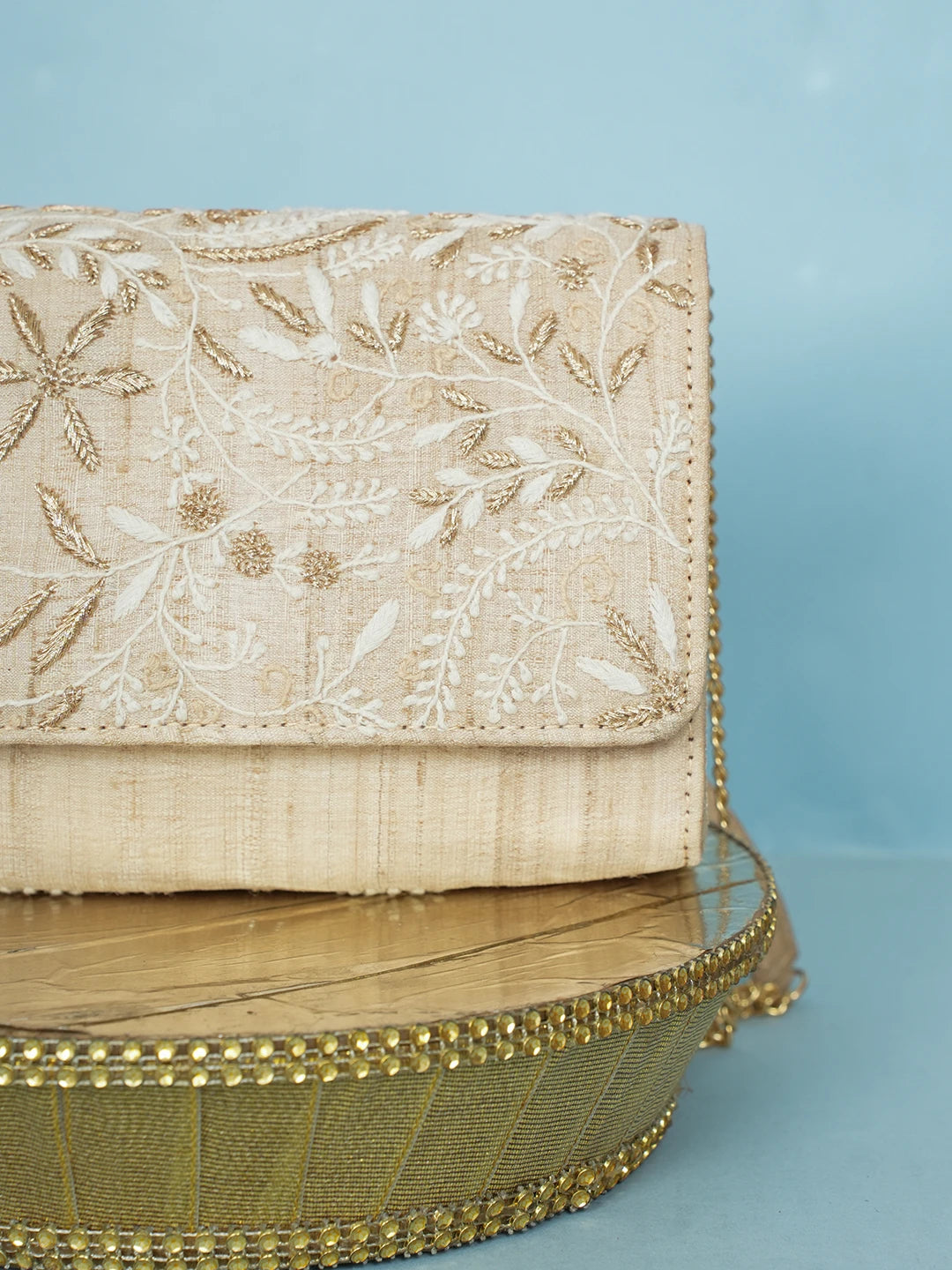 Ada Hand Embroidered Fawn Silk Lucknowi Chikankari Clutch With Zari Work 01A578256