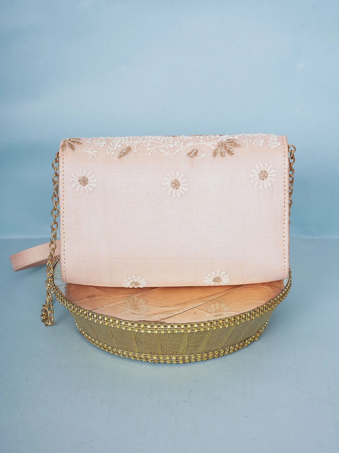 Ada Hand Embroidered Light Pink Silk Lucknowi Chikankari Clutch With Zari Work 01A578268