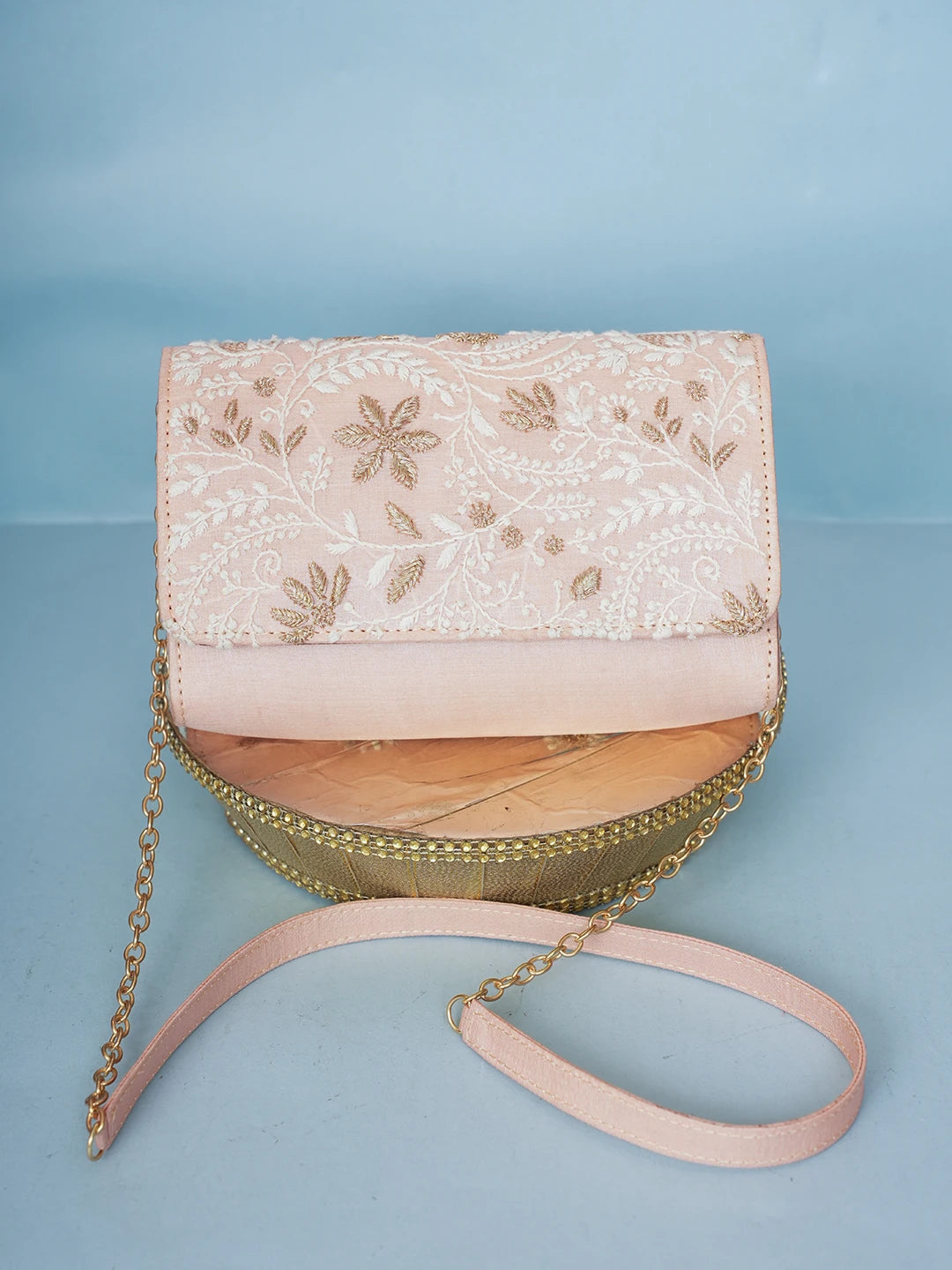Ada Hand Embroidered Light Pink Silk Lucknowi Chikankari Clutch With Zari Work 01A578268